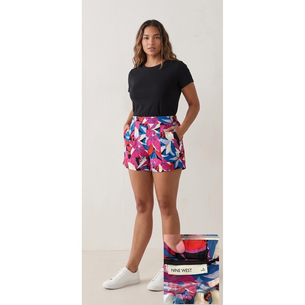 Nine West Womens XL Abstract‎ Floral Print Shorts  Elastic Waist high rise